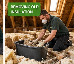 Illustration of worker removing old loft insulation